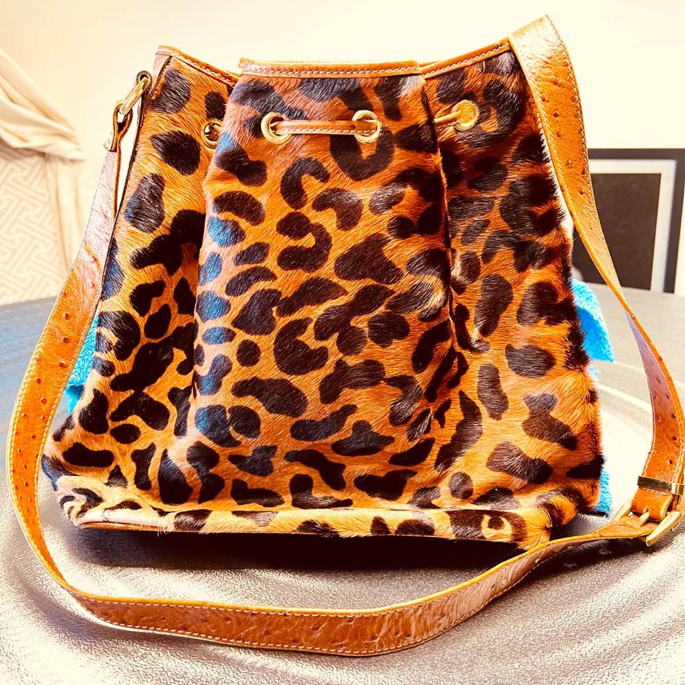 GIANFRANCO FERRE-zebra and leopard pony calfskin leather drawstring bag